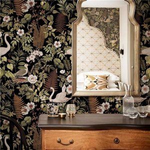 Black Peel and Stick Boho Forest Floral Bird Daisy Leaves Tropical Wallpaper